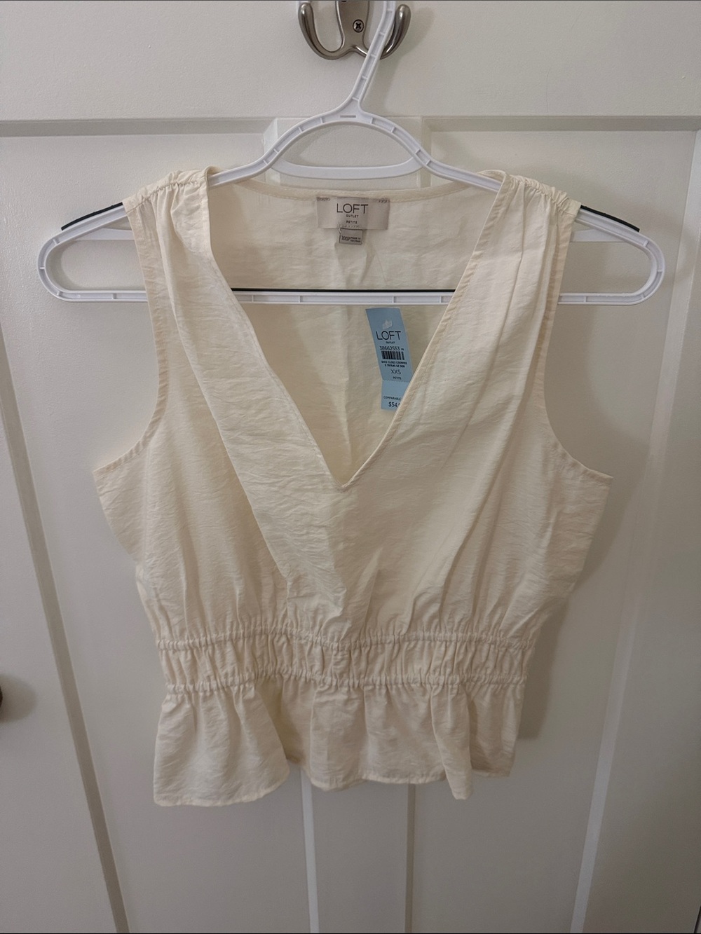 LOFT Cream V-Neck Smocked Waist Sleeveless Top